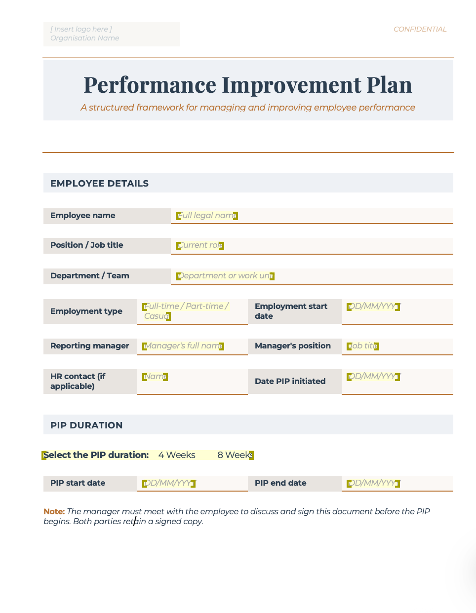 Performance Improvement Plan Template Pack | Editable Word Document | Australian HR