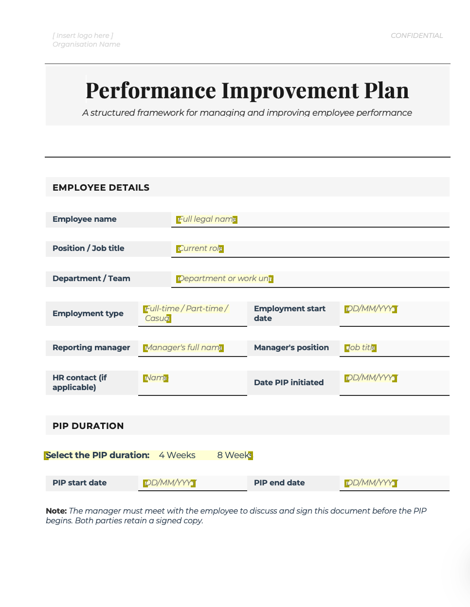 Performance Improvement Plan Template Pack | Editable Word Document | Australian HR