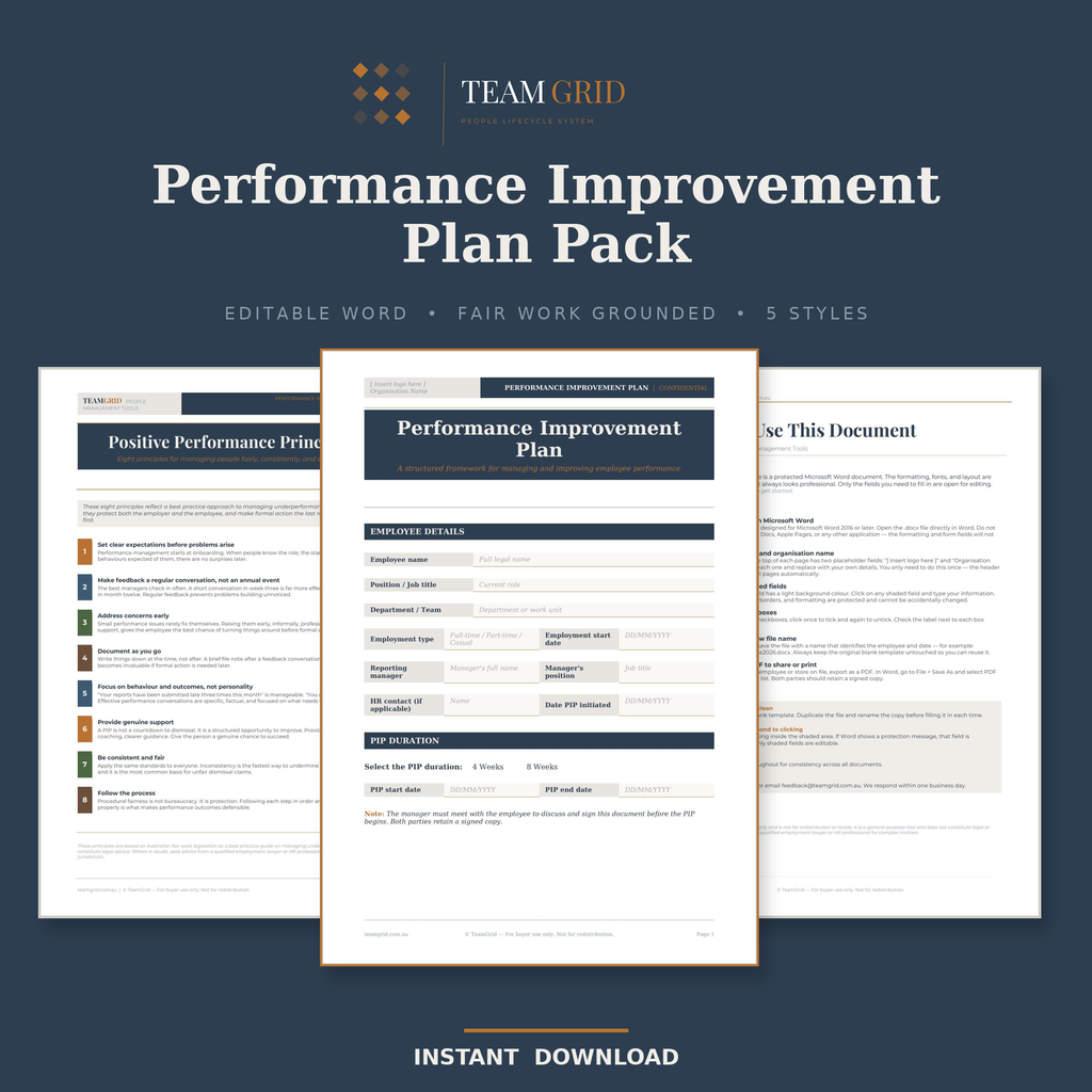 Performance Improvement Plan Template Pack | Editable Word Document | Australian HR