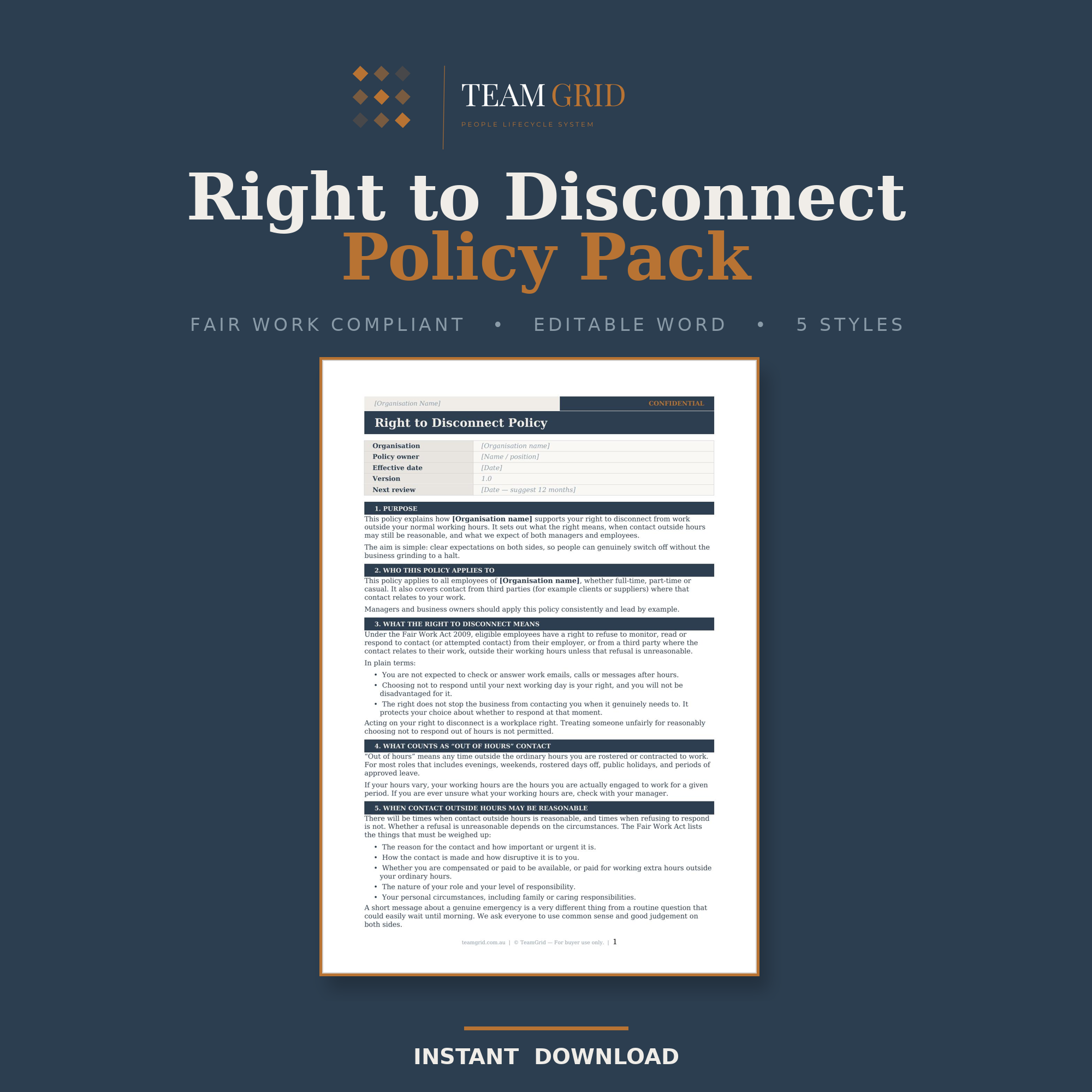 Right to Disconnect Policy Template | Australian Fair Work | Editable Word Pack