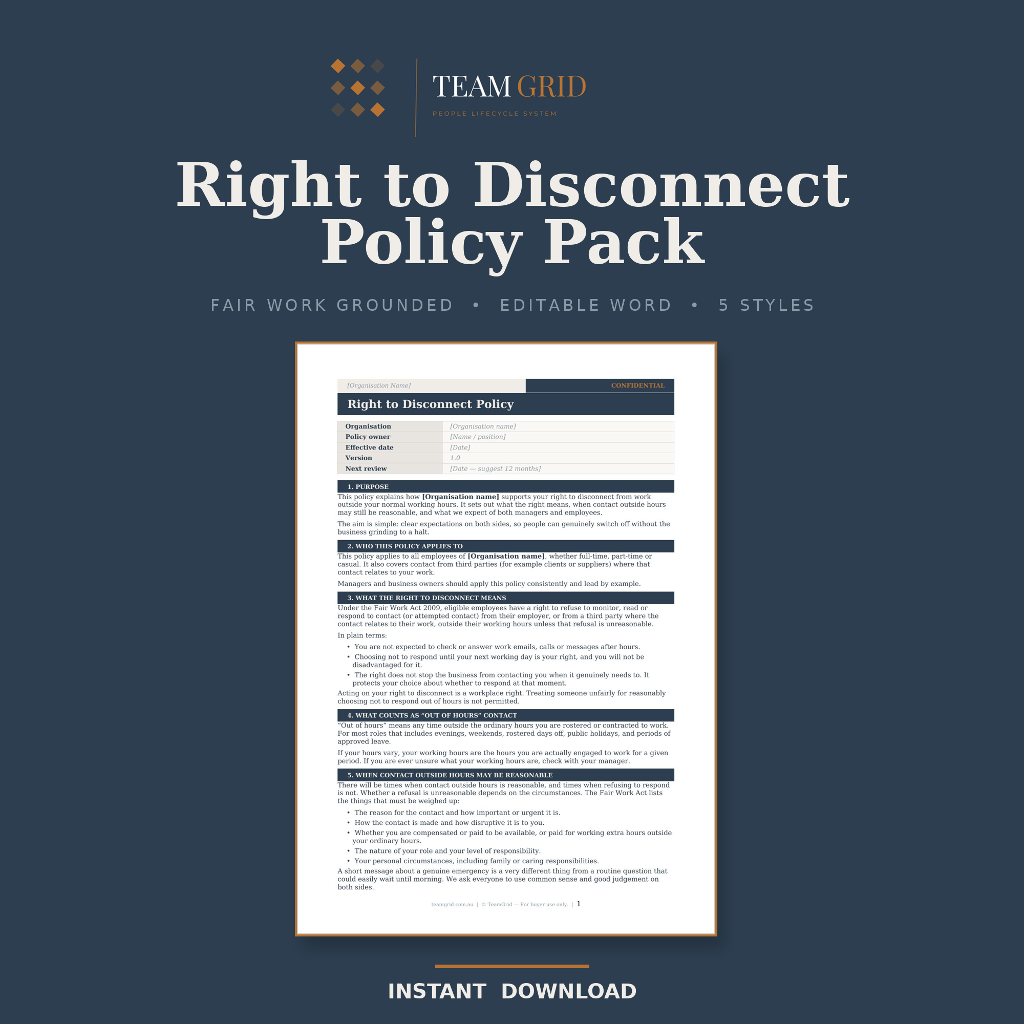 Right to Disconnect Policy Template | Australian Fair Work | Editable Word Pack