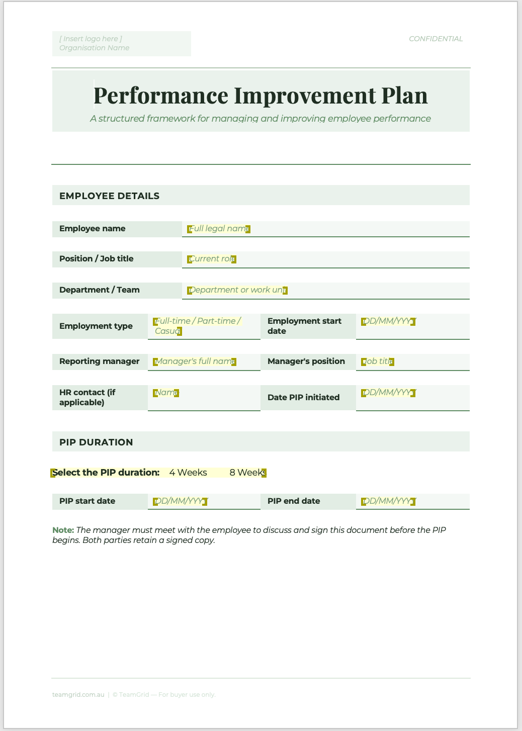 Performance Improvement Plan Template Pack | Editable Word Document | Australian HR