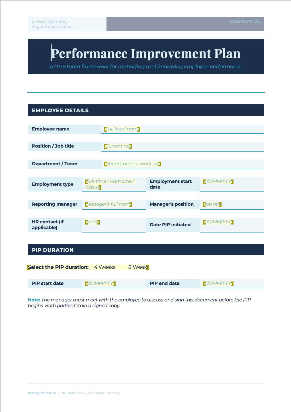Performance Improvement Plan Template Pack | Editable Word Document | Australian HR