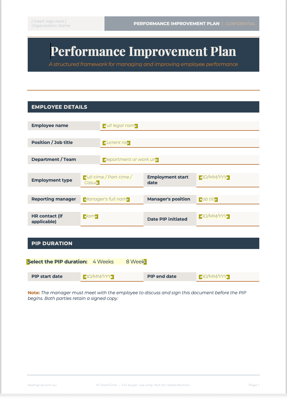 Performance Improvement Plan Template Pack | Editable Word Document | Australian HR